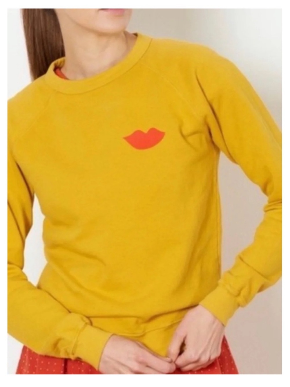 Clare V. Mustard Marigold Yellow Crewneck Kiss Lips Sweatshirt Small - Picture 2 of 9